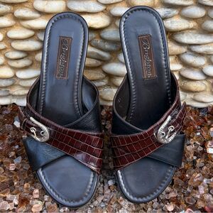 Brighton Lorna Black/Brown Silver Buckle Slip-On Sandales/Loafers Size 7 Boho